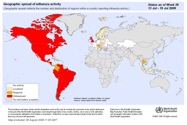 Svinfluensans utbredning. Rött betyder många fall.